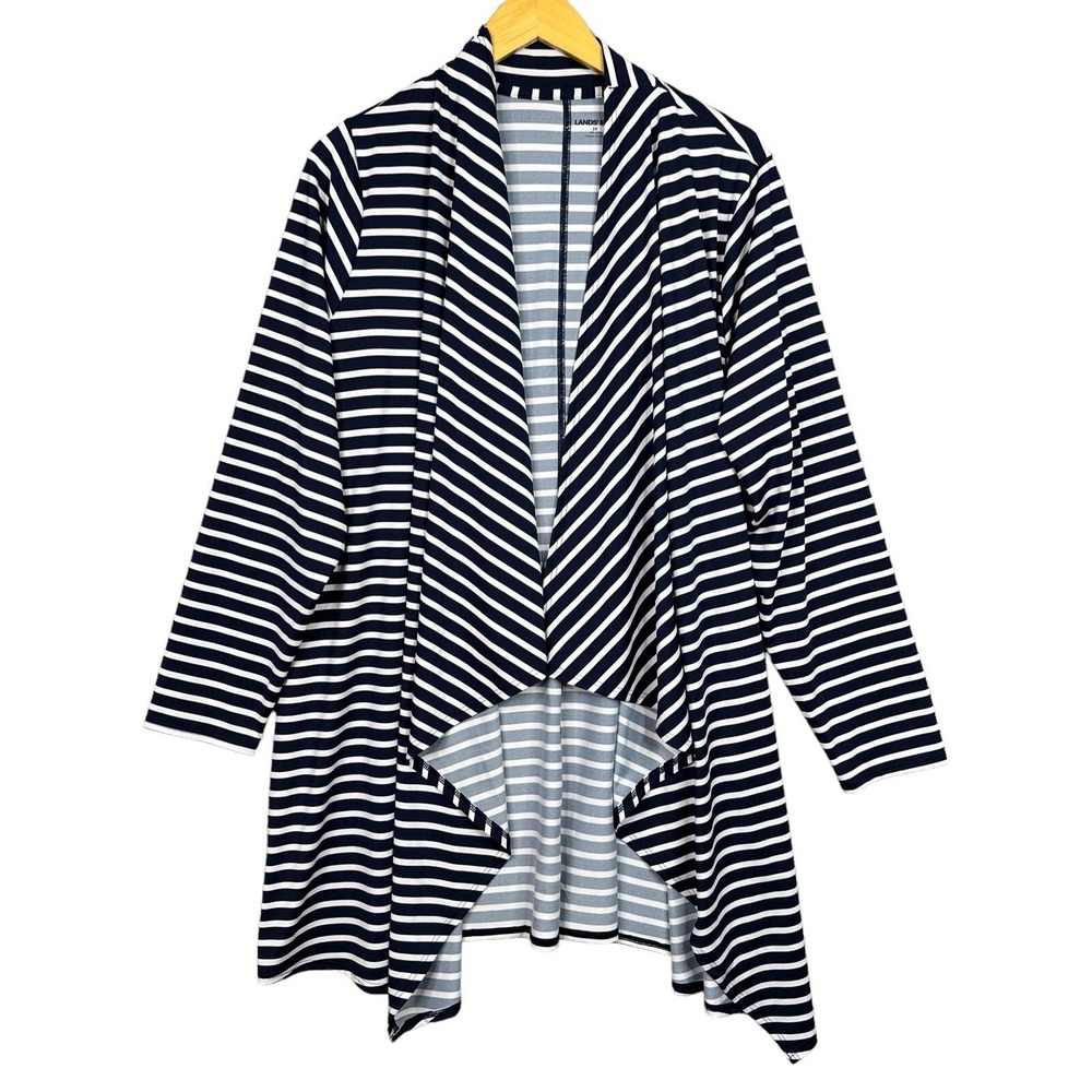 Lands' End Open Front Cardigan Womens Plus 2X Navy Blue White Stripe Jacket Knit
